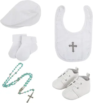5 Pcs Baptism Bib for Baby Boys Cross Christening Socks Shoes Hat First Rosary White Outfits Toddler Infant First Communion Baptism Gift for Boys Girls Cross Bib Christening Shoes and Socks