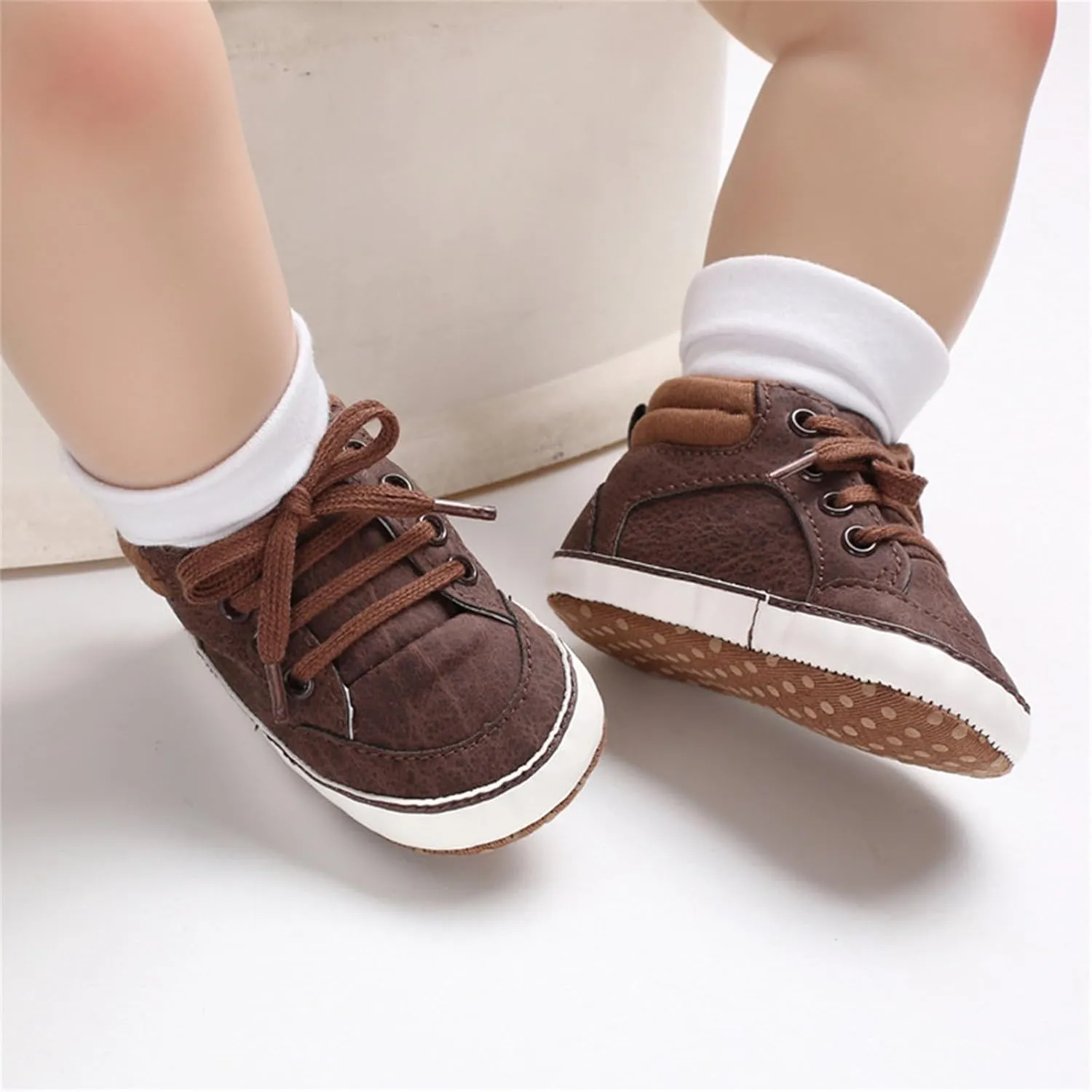 Baby Boys Girls High Top Sneakers Ankle PU Leather Non-Slip Soft Rubber Sole Infant Booties First Walking Shoes