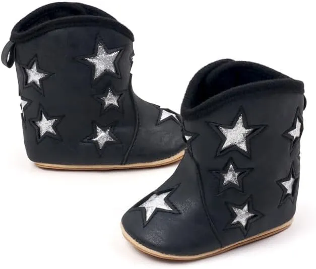 Baby Cowboy Boots Western Boots Toddler Cowboy Bootie Star Patch Soft Sole Non-Slip Crib Shoes for Infant Boys Girls 0-18 Months