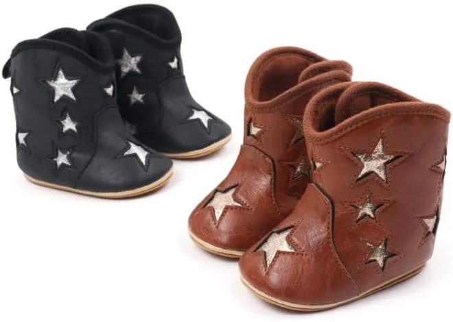 Baby Cowboy Boots Western Boots Toddler Cowboy Bootie Star Patch Soft Sole Non-Slip Crib Shoes for Infant Boys Girls 0-18 Months