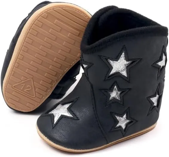 Baby Cowboy Boots Western Boots Toddler Cowboy Bootie Star Patch Soft Sole Non-Slip Crib Shoes for Infant Boys Girls 0-18 Months