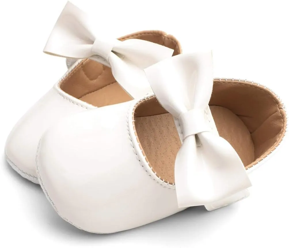 Baby Girls Mary Jane Flat Shoes with Bownot Non Slip Soft Sole PU Leather Newborn Infant Toddler Dress Shoes