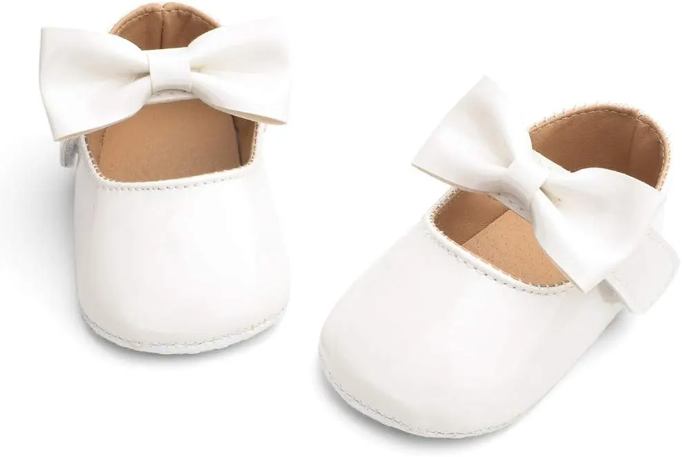 Baby Girls Mary Jane Flat Shoes with Bownot Non Slip Soft Sole PU Leather Newborn Infant Toddler Dress Shoes