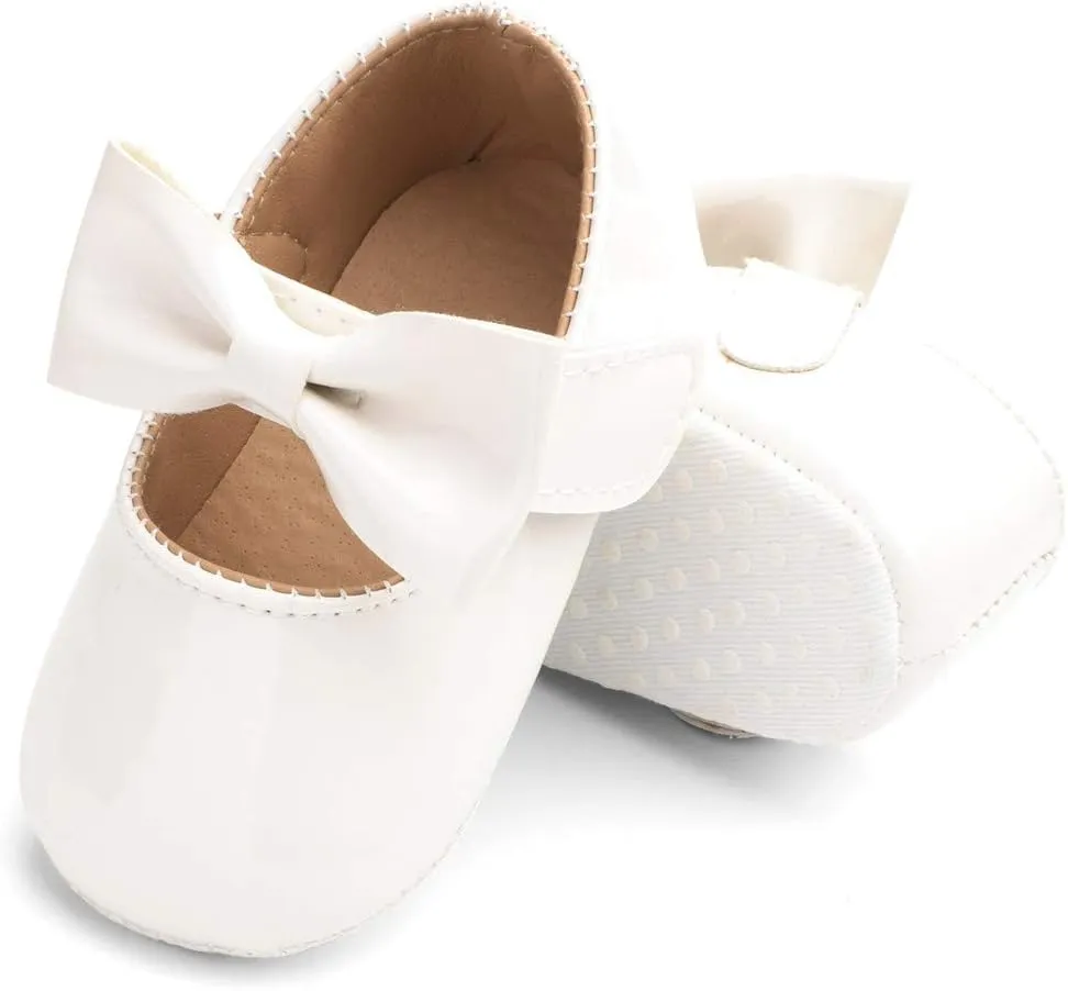 Baby Girls Mary Jane Flat Shoes with Bownot Non Slip Soft Sole PU Leather Newborn Infant Toddler Dress Shoes