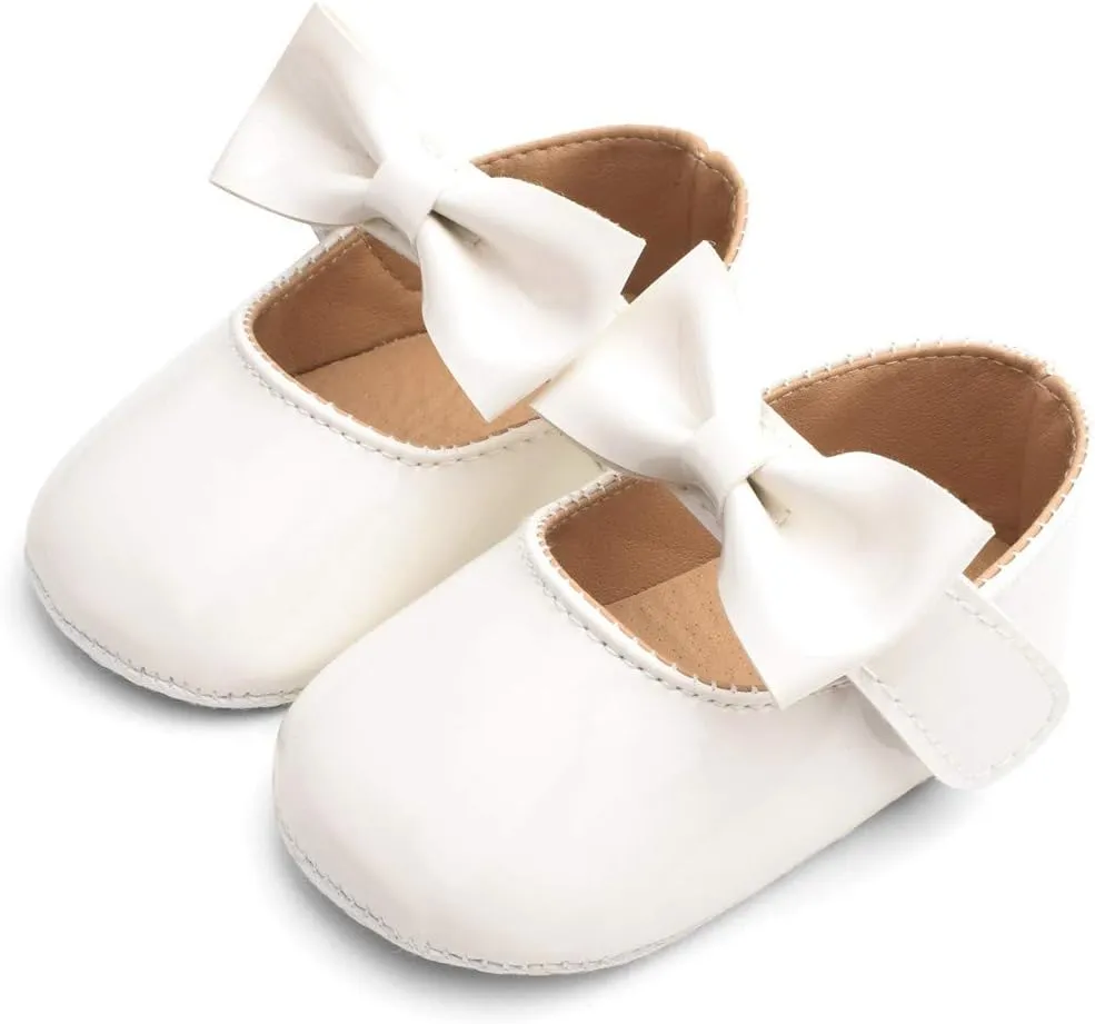 Baby Girls Mary Jane Flat Shoes with Bownot Non Slip Soft Sole PU Leather Newborn Infant Toddler Dress Shoes