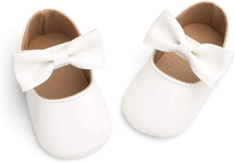 Baby Girls Mary Jane Flat Shoes with Bownot Non Slip Soft Sole PU Leather Newborn Infant Toddler Dress Shoes