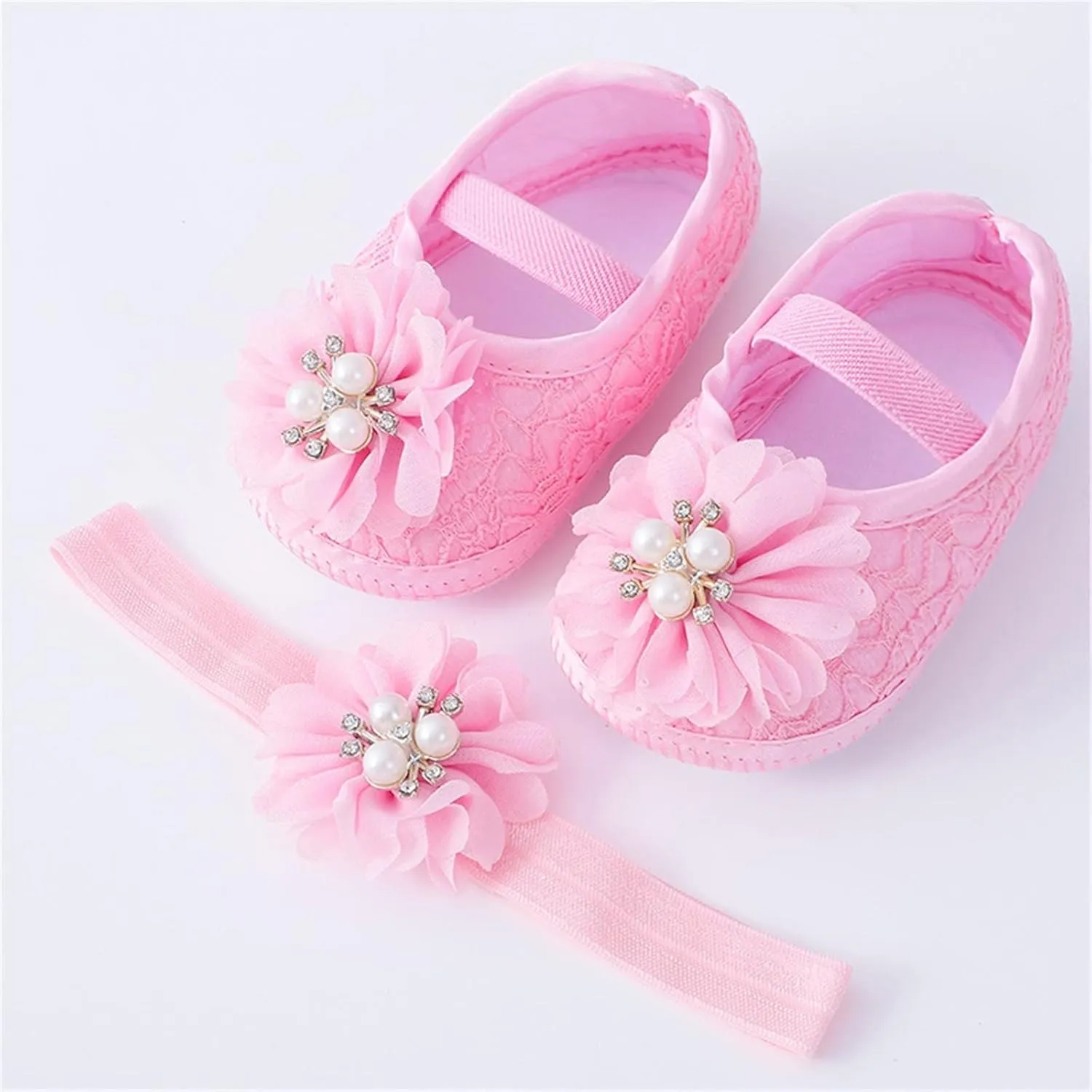 Baby Shoes with Hair Band Fashion Soft Soled Toddler Shoes Versatile Dress Flower Princess Shoes Soft Soles Shoes