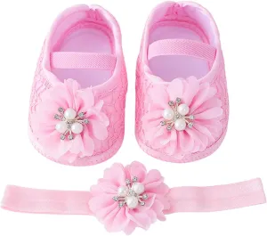 Baby Shoes with Hair Band Fashion Soft Soled Toddler Shoes Versatile Dress Flower Princess Shoes Soft Soles Shoes