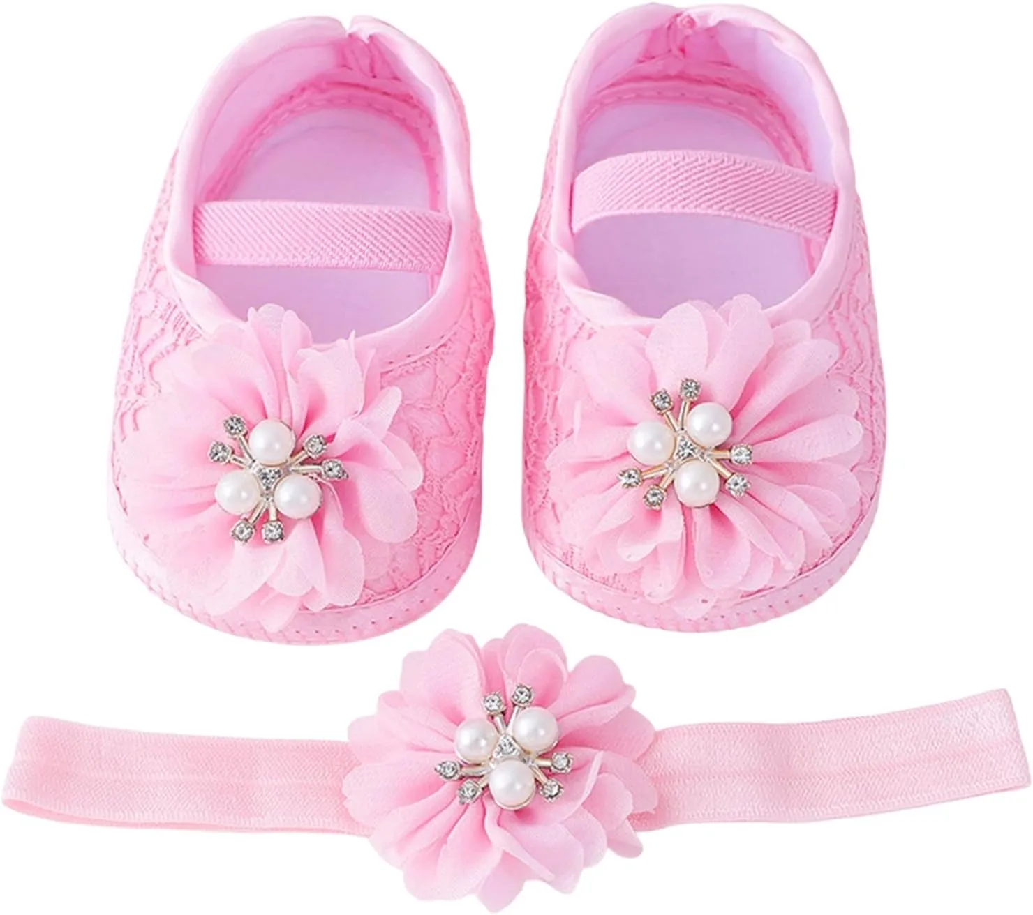 Baby Shoes with Hair Band Fashion Soft Soled Toddler Shoes Versatile Dress Flower Princess Shoes Soft Soles Shoes