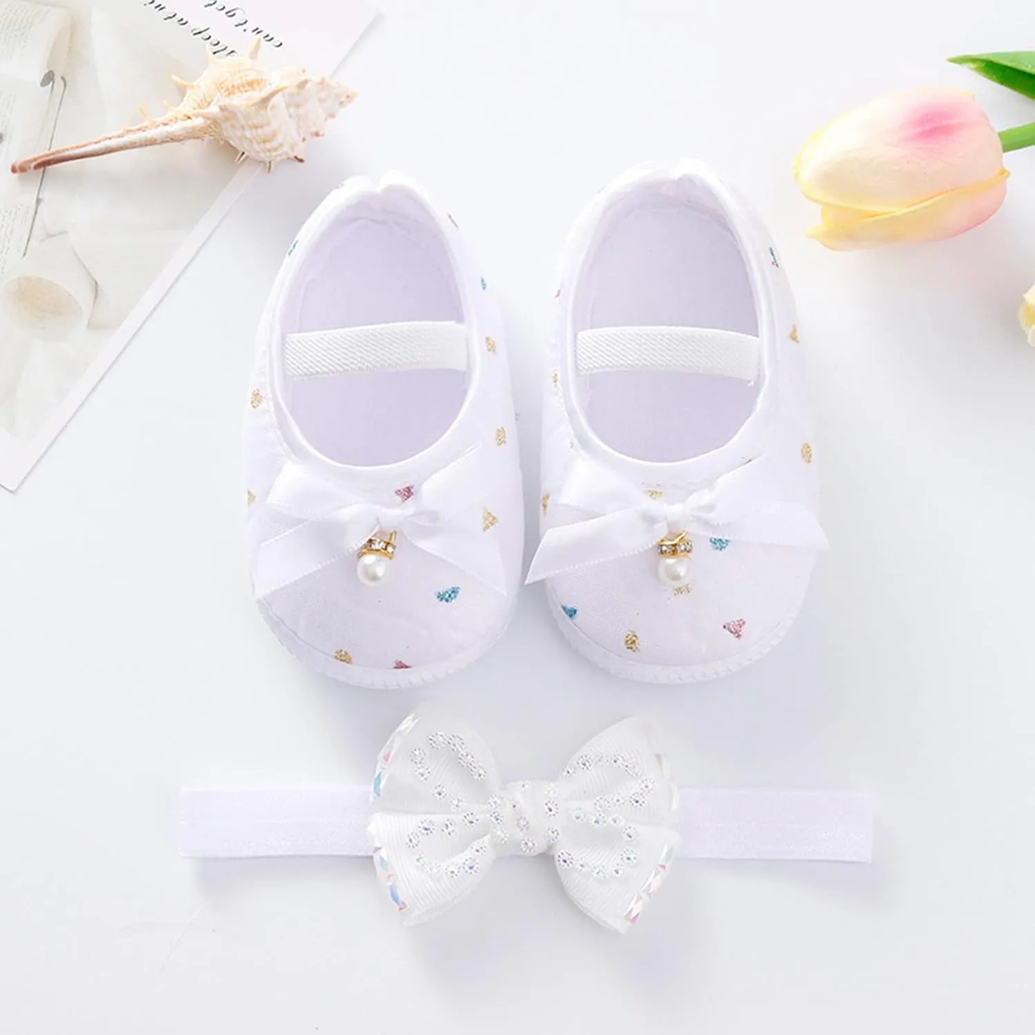 Child Princess Sole Set Cute Shoes Shoes Pearl Headband Little Soft Toddler Bow Kids Sneakers Toddler Boys