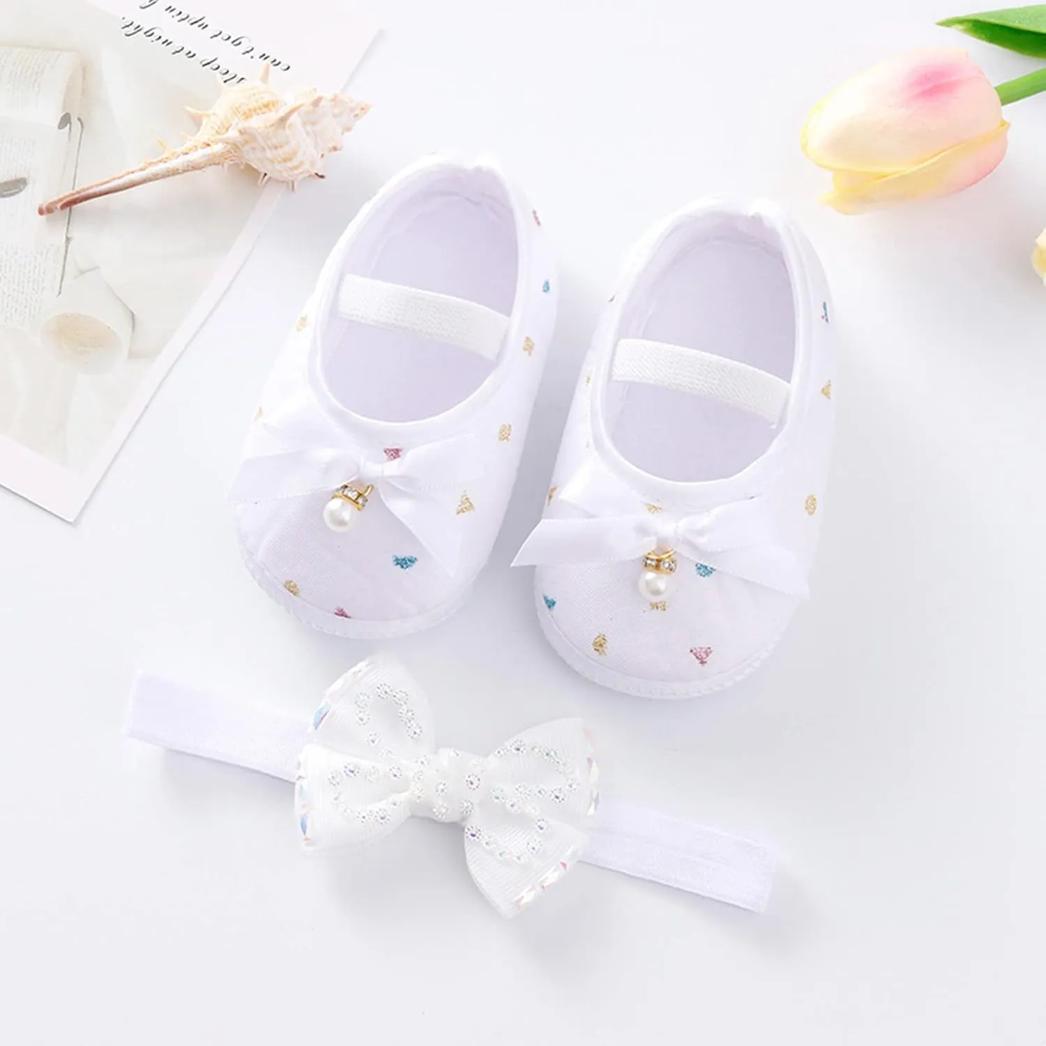 Child Princess Sole Set Cute Shoes Shoes Pearl Headband Little Soft Toddler Bow Kids Sneakers Toddler Boys