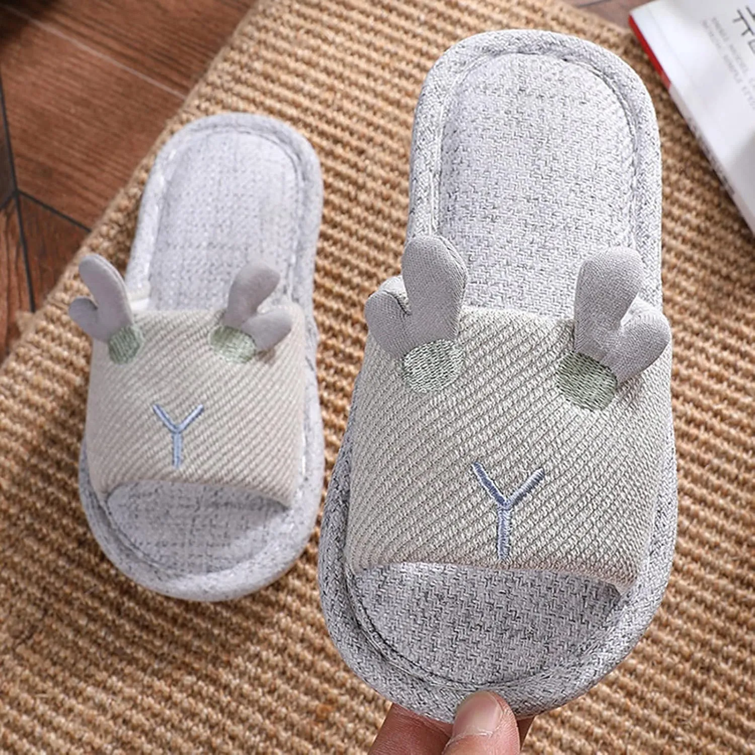Children Slippers Children Linen Slippers Indoor Home Cotton and Linen Soft Sole Slippers Baby Shoes for Shower (Green, 11.5-12 Years Big Kids)