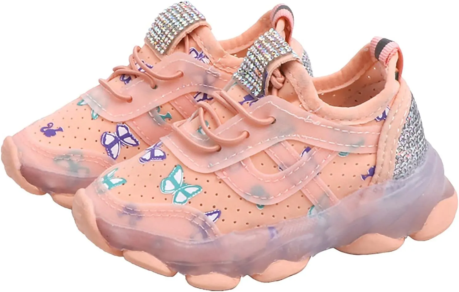 Children's Sneakers Butterfly Print LED Light Shoes Daddy Shoes Lacing Breathable Soft Soles Toddler Athletic Shoes