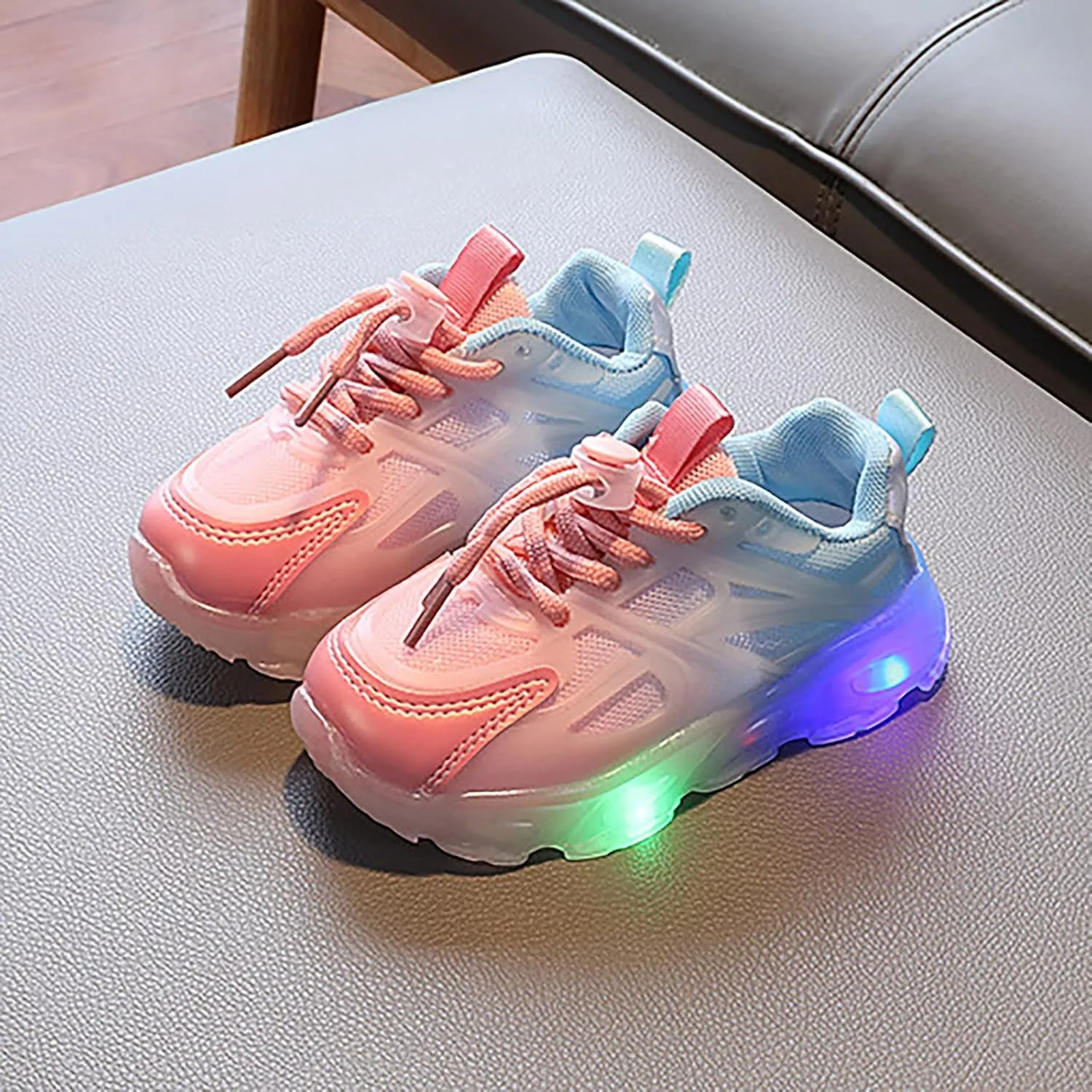 Children's Sneakers Color Gradient LED Light Shoes Dad Shoes Soft Soles Bunny Pompom Sneaker for Baby Girl