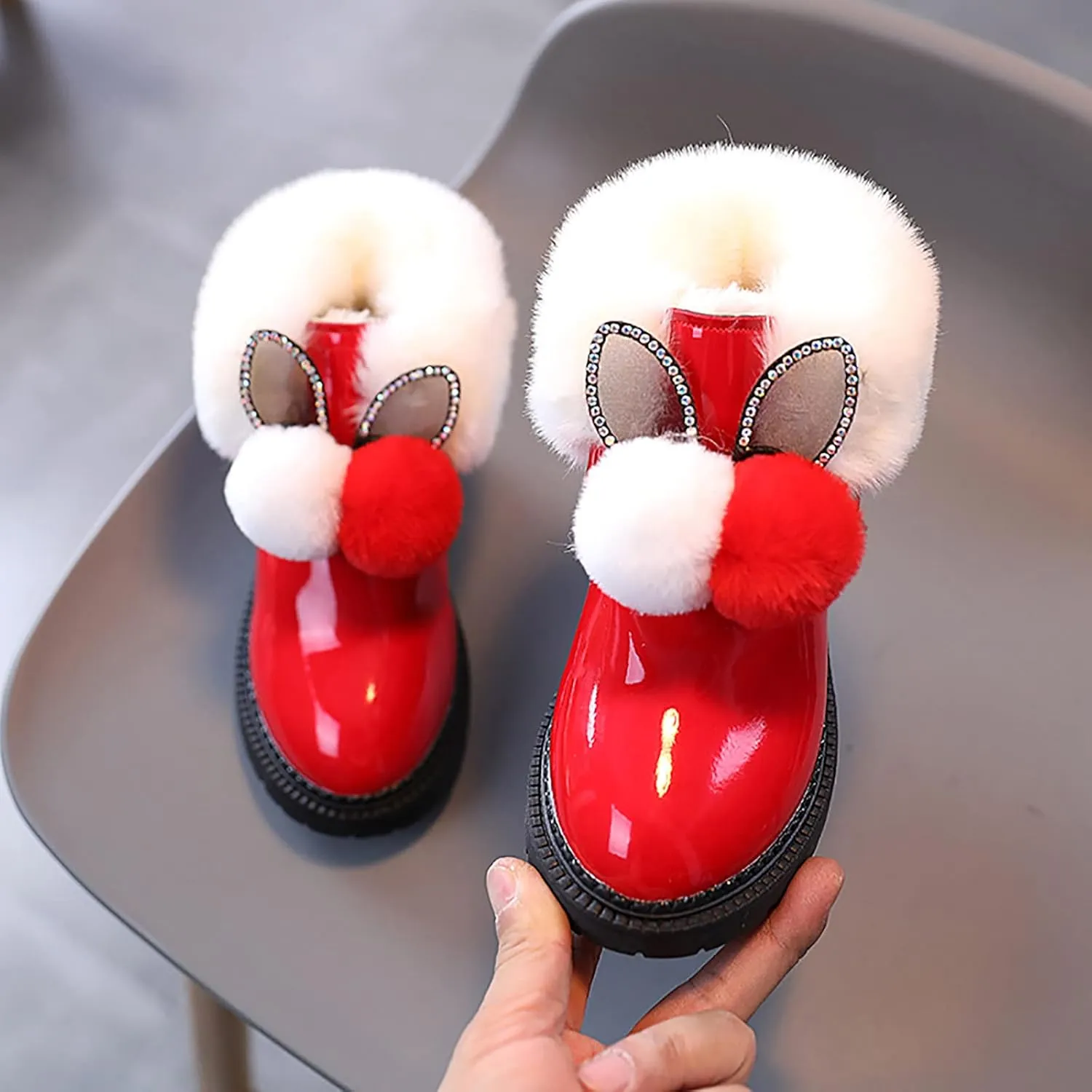 EnJoCho Baby Toddler Girls Fall Winter Snow Boots 1-6 Years Old Kids Hairball Sneakers Warm Anti-Slip Single Shoes (Red-06#, 18-24Months)
