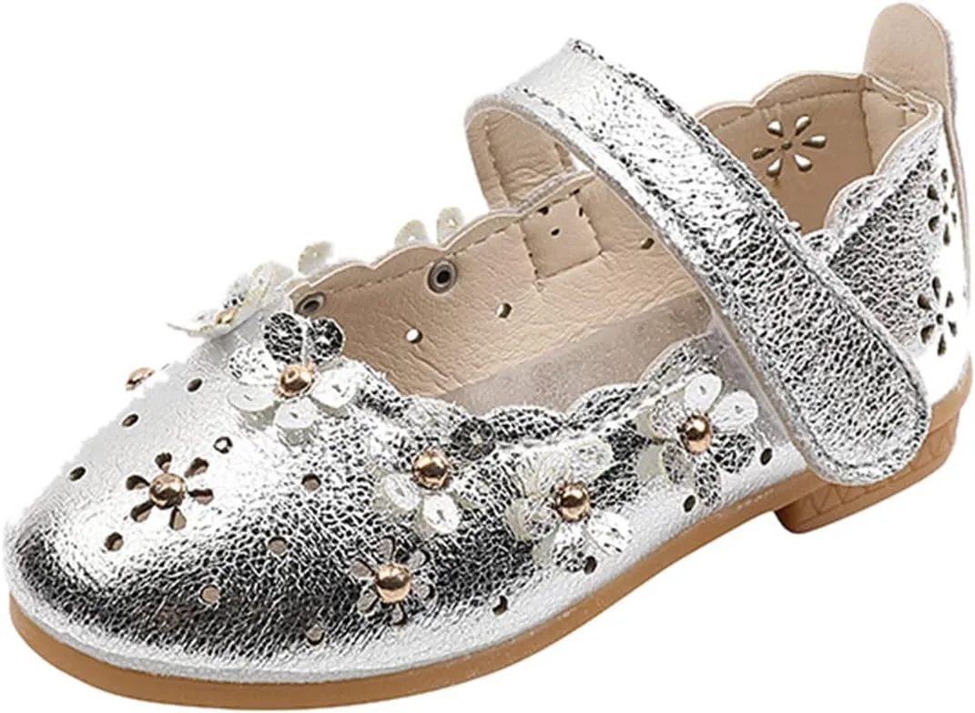 EnJoCho Girls Sandal Shoes Flower Shoes Hollow Flower Shoes Sandals Soft Sole Princess Sandals Baby Shoes 1-11 Years (Silver, 6 Years)