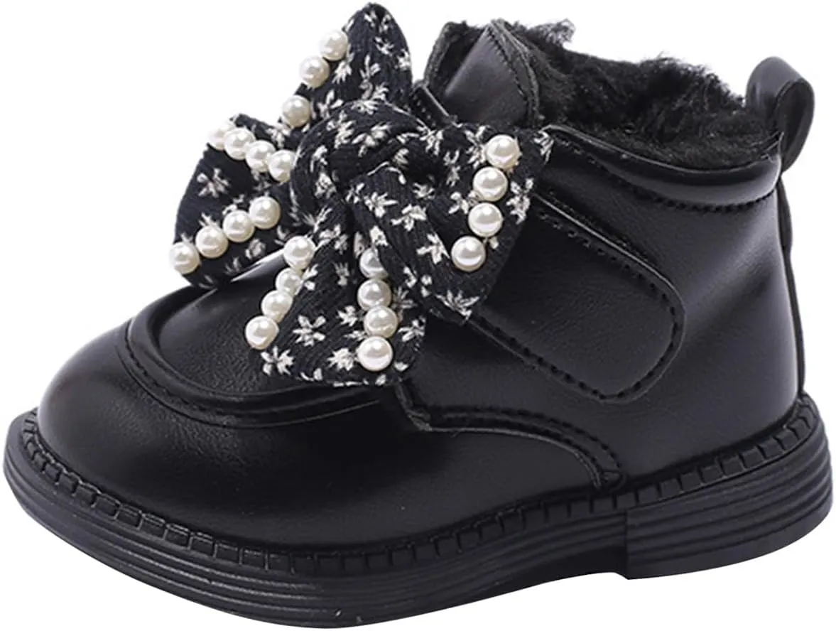 Girls Ankle Boots Sweet Bow Princess Soft Sole Flat Booties Thick Plush Soft Sole Leather Non Slip Walking Shoes