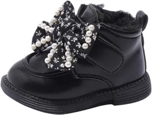 Girls Ankle Boots Sweet Bow Princess Soft Sole Flat Booties Thick Plush Soft Sole Leather Non Slip Walking Shoes