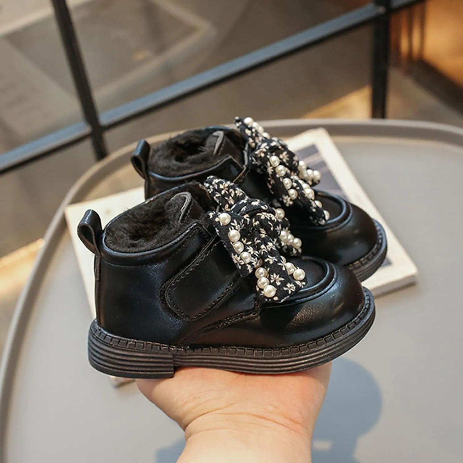 Girls Ankle Boots Sweet Bow Princess Soft Sole Flat Booties Thick Plush Soft Sole Leather Non Slip Walking Shoes