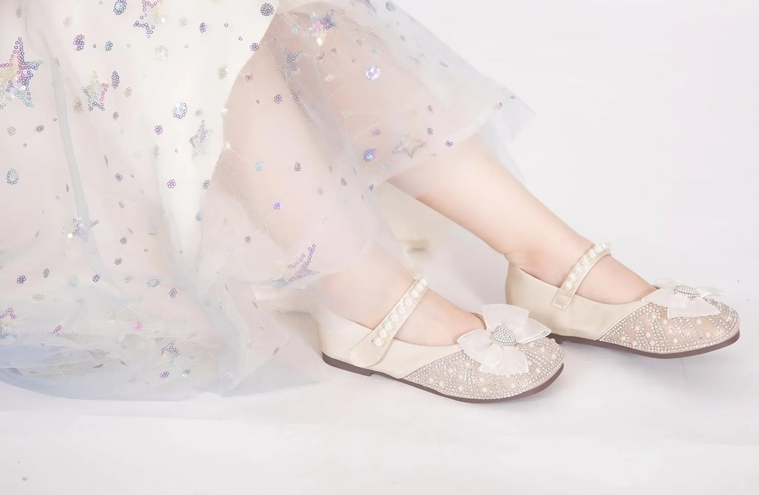 Girls Ballerina Dress Shoes with Bow Glittler Flower Wedding Party Princess Mary Jane Flats for Toddler/Little Kid