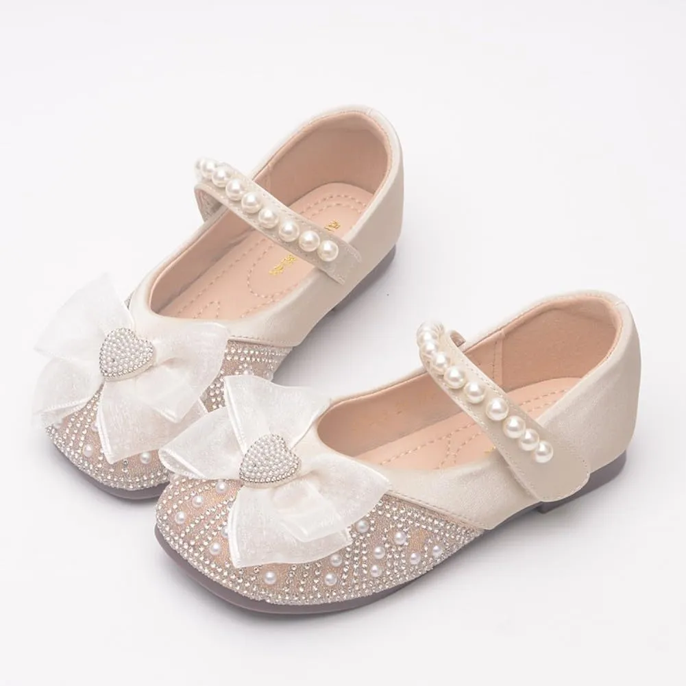 Girls Ballerina Dress Shoes with Bow Glittler Flower Wedding Party Princess Mary Jane Flats for Toddler/Little Kid