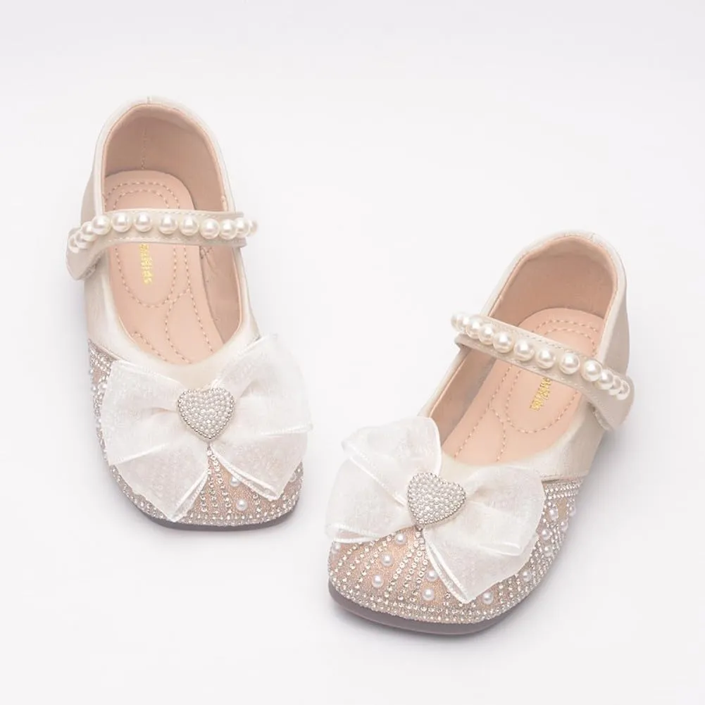Girls Ballerina Dress Shoes with Bow Glittler Flower Wedding Party Princess Mary Jane Flats for Toddler/Little Kid