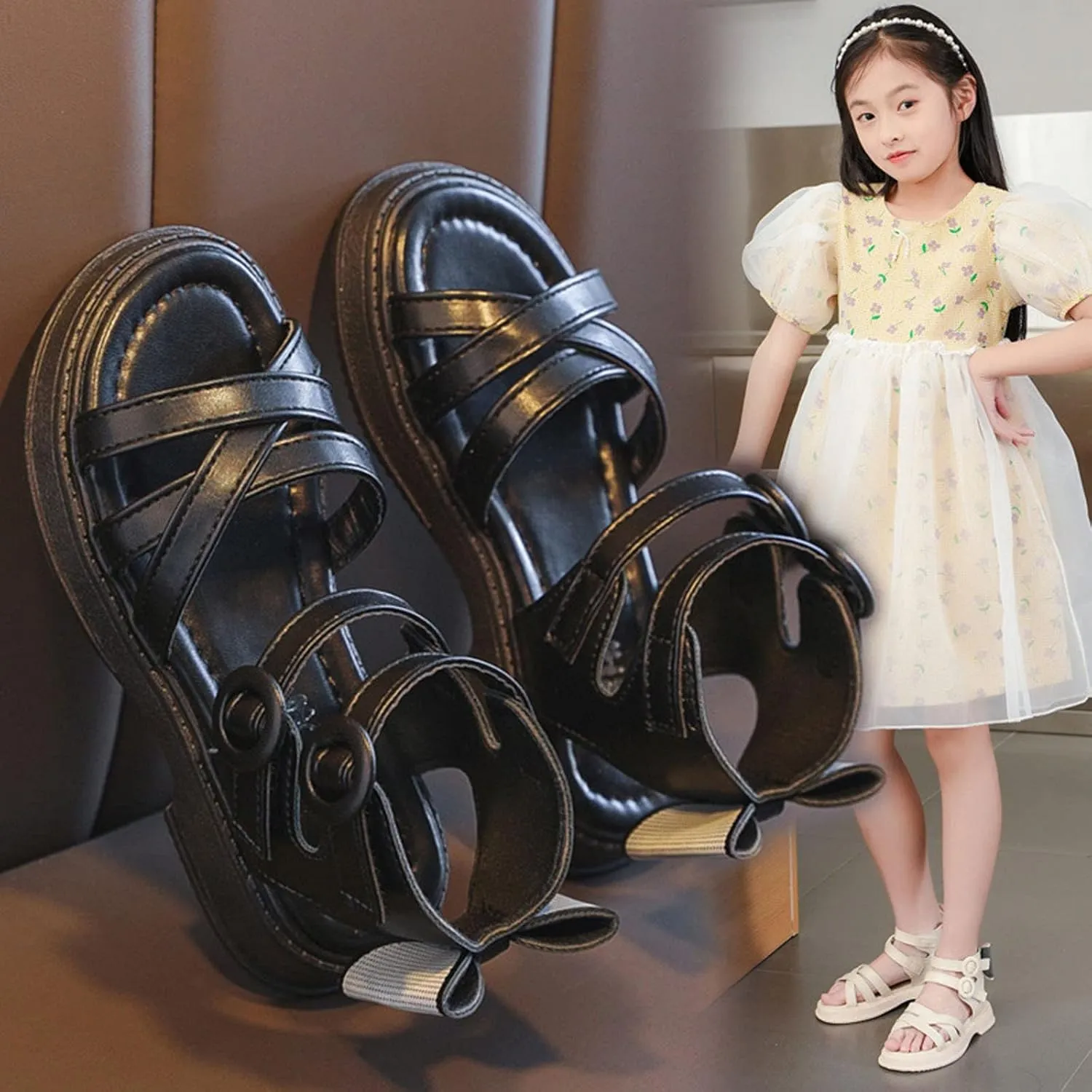 Girls' Sandals Summer Children's Soft Sole Shoes Fashion Girls Princess Shoes Baby Beach Shoes Girls Flip Flops Bulk (Black, 34)