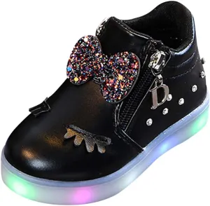 Infant Kids Crystal Bowknot LED Luminous Boots,12M-6T Baby Girls Sport Shoes Anti-Slip Shoes Soft Sole Sneakers