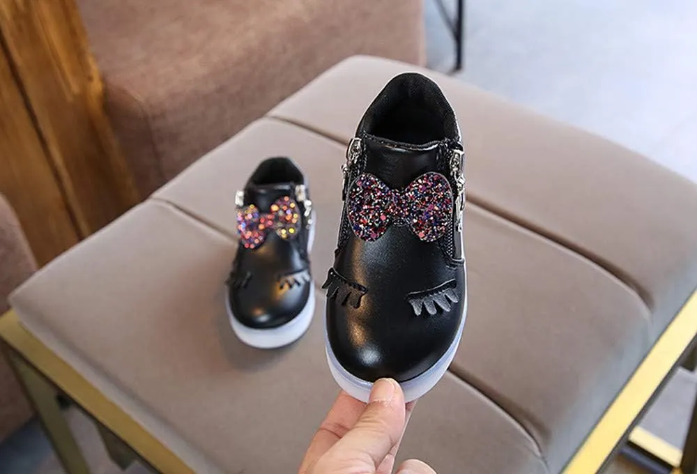 Infant Kids Crystal Bowknot LED Luminous Boots,12M-6T Baby Girls Sport Shoes Anti-Slip Shoes Soft Sole Sneakers