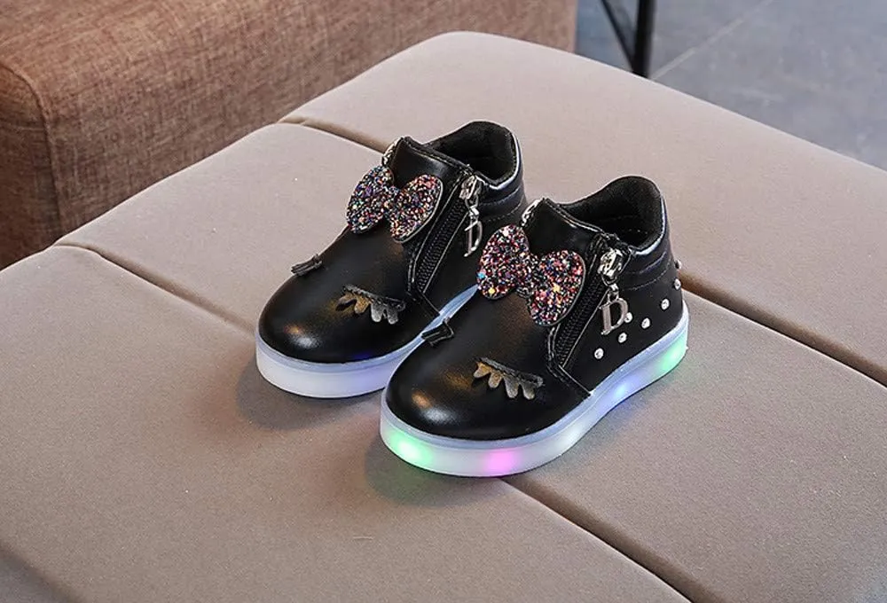 Infant Kids Crystal Bowknot LED Luminous Boots,12M-6T Baby Girls Sport Shoes Anti-Slip Shoes Soft Sole Sneakers