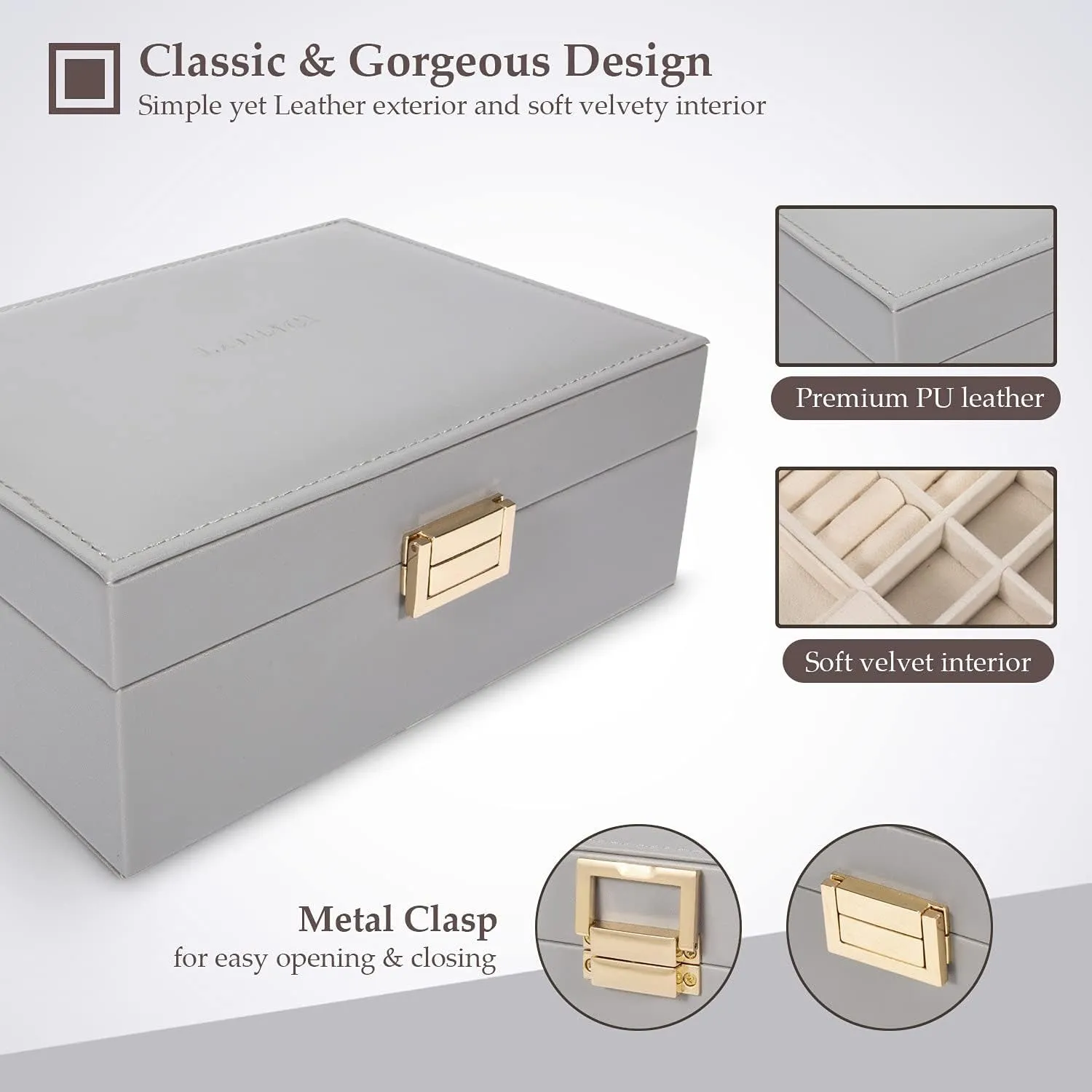 Jewelry Organizer Box for Women & Teen Girls – Large Leather Storage Case with Mirror, 2-Layer Removable Stackable Tray for Rings, Necklaces, Earrings, Bracelets, Grey