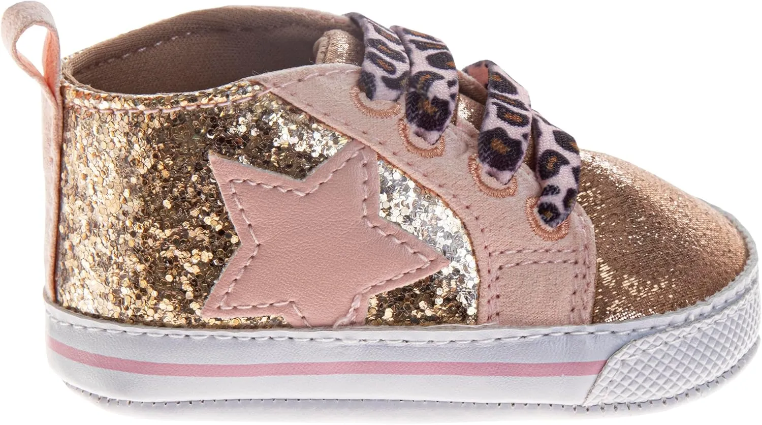 Josmo Infant Girls Fashion Sneakers Glitter High-Top Shoes - Star Patch Leopard Print Laces Lightweight Soft Sole (Size 2-4 Infant)