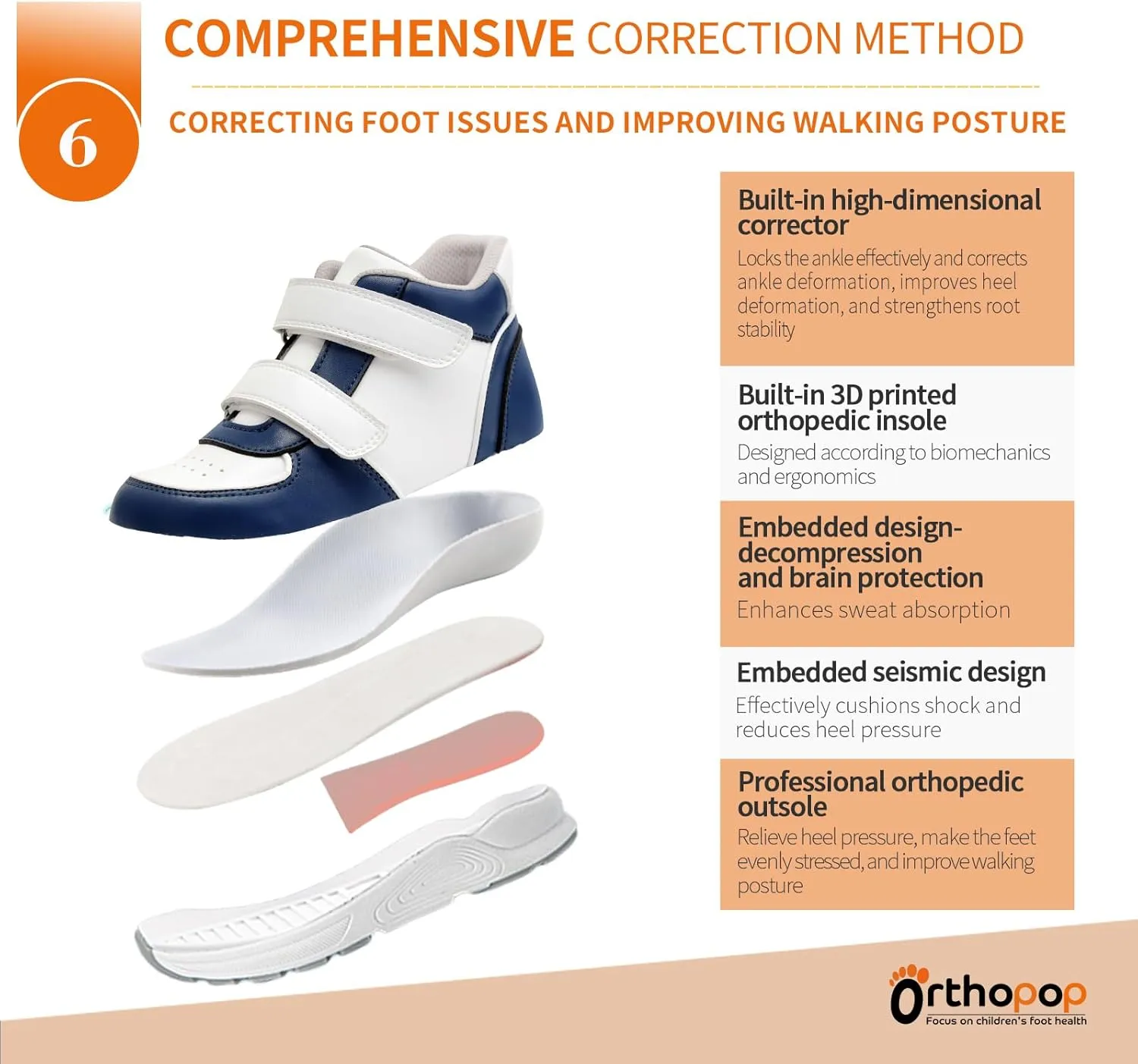 Kids Orthopedic Thick Sole Shoes with Ankle and Arch Support for Boys and Girls