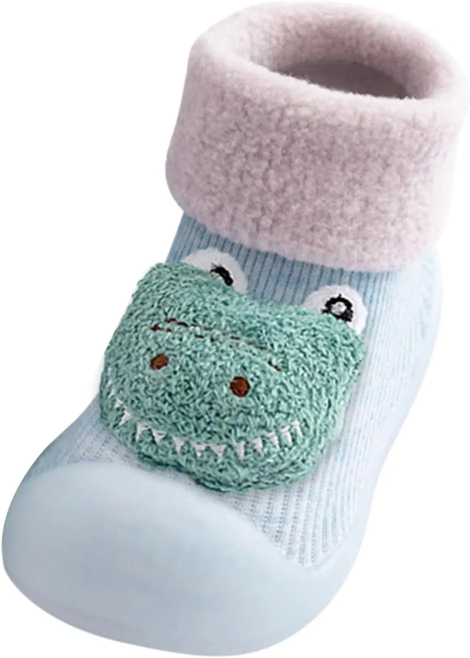 Kids Toddler Baby Boys Girls Patchwork Warm Knit Soft Sole Rubber Shoes Socks Slipper Stocking for 0-4Years (Light blue-02#, 15-18 Months)