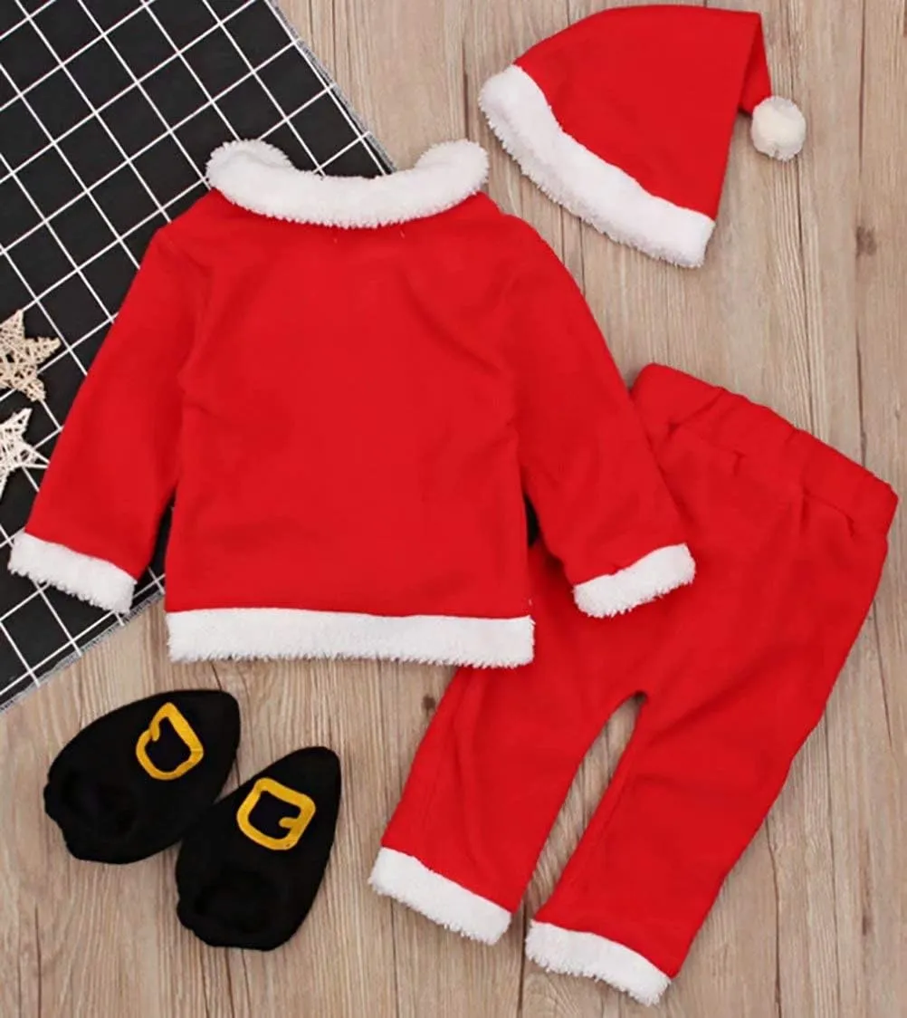 LOTUCY Unisex Baby 4 Pcs Warm Infant Baby Christmas Santa Claus Fleece Tops Coat  Pants  Hat Shoes Infant New Year Clothes
