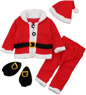 LOTUCY Unisex Baby 4 Pcs Warm Infant Baby Christmas Santa Claus Fleece Tops Coat  Pants  Hat Shoes Infant New Year Clothes