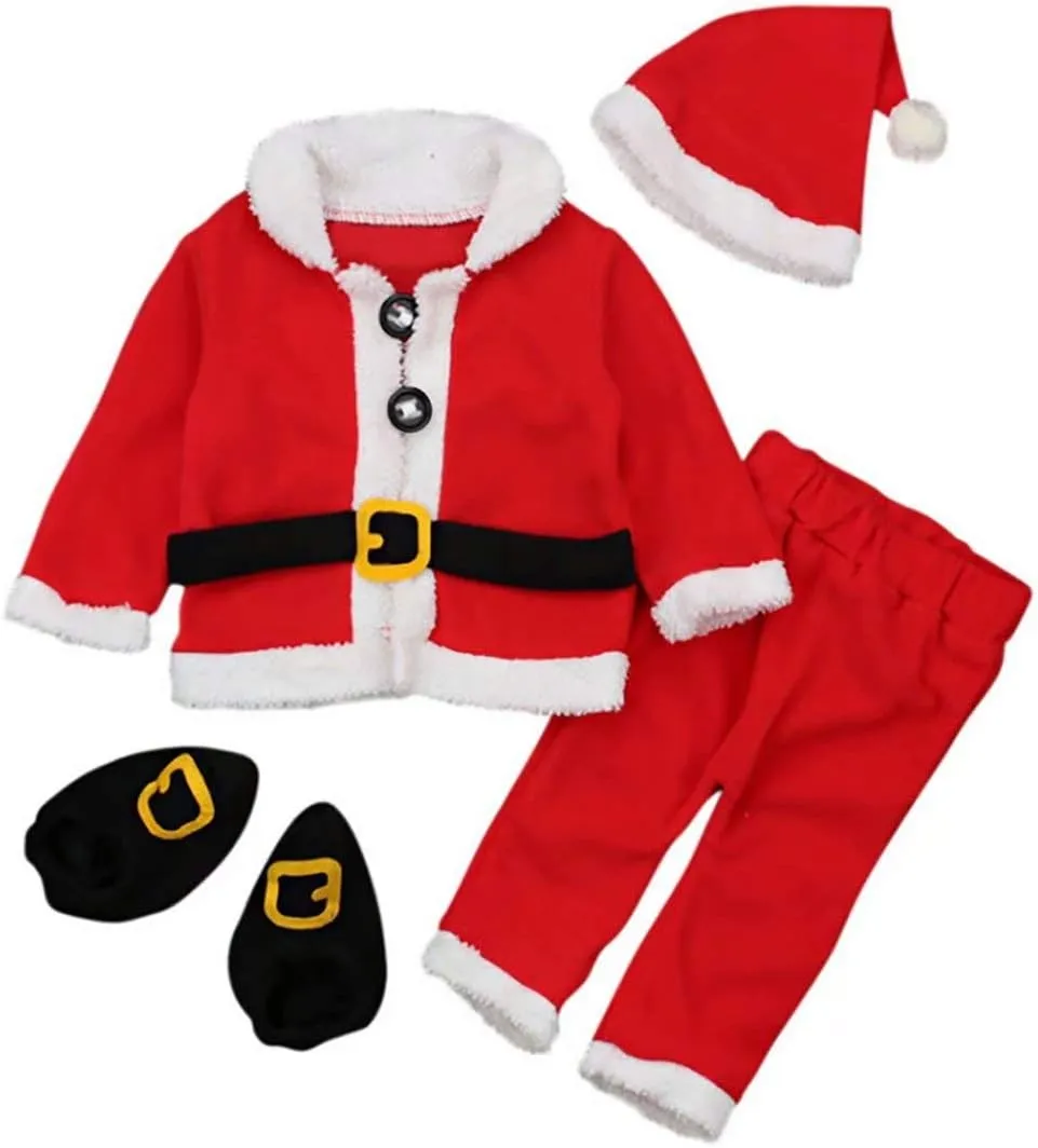 LOTUCY Unisex Baby 4 Pcs Warm Infant Baby Christmas Santa Claus Fleece Tops Coat  Pants  Hat Shoes Infant New Year Clothes
