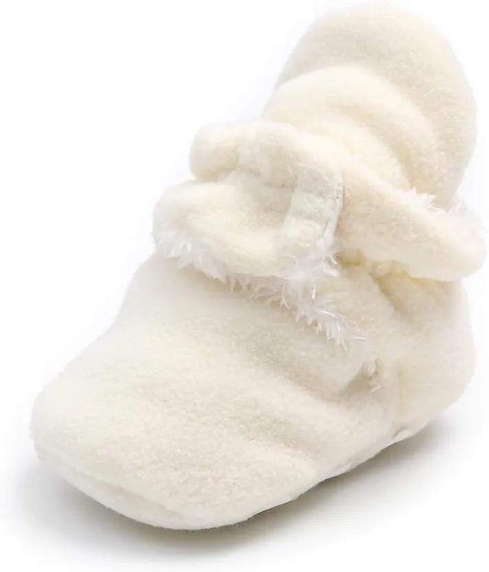 myppgg Newborn Baby Boy Girl Fleece Booties with Anti-Skid Bottom Cozy Winter Warm Socks Toddler Soft Sole Crib Shoes, Beige
