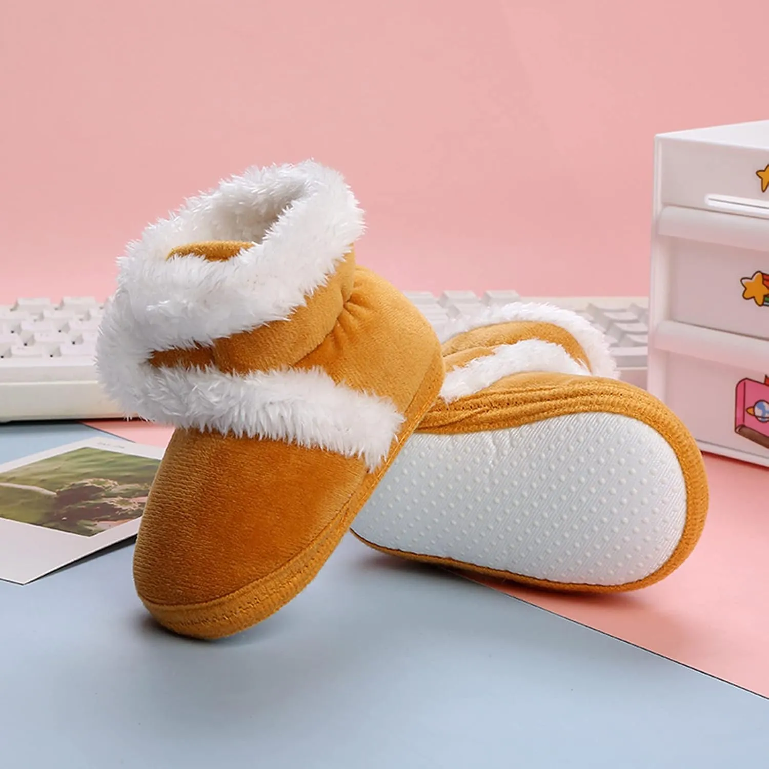 Newborn Baby Boots Ankle Snow Booties Cozy Fleece Socks Shoes with Grippers Stay On Slipper Infant Toddler Crib Shoes