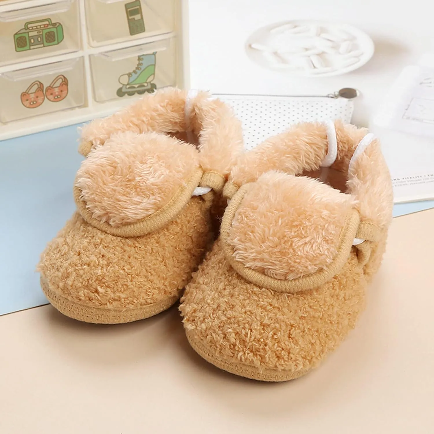 Newborn Baby Cozy Fleece Booties with Grippers Winter Slippers Socks Soft Sole Stay On Infant First Crib Shoes