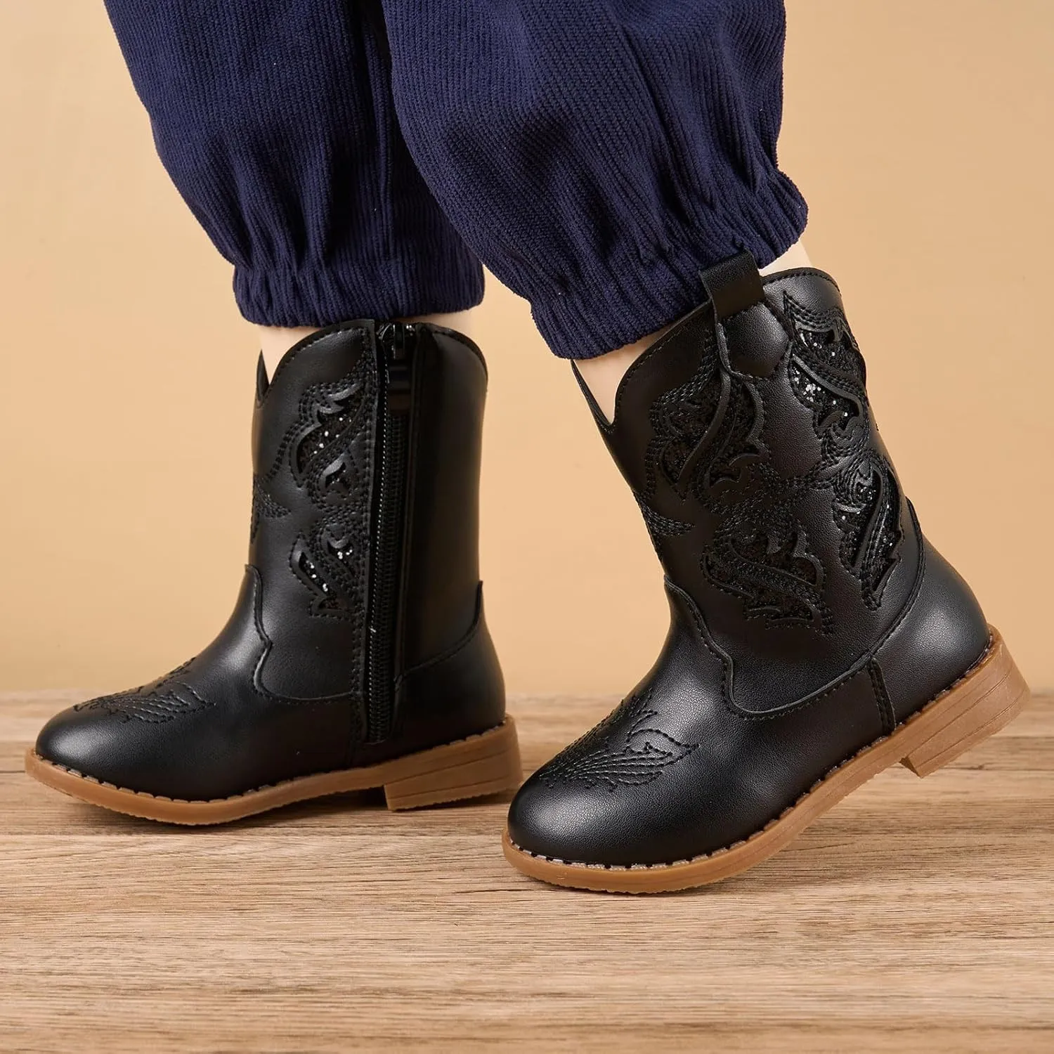 Newsonet Toddler Girls Cowboy Cowgirl Boots Round Toe Western Boots Mid Calf Side Zipper Riding Shoes for All Seasons Spring Summer Winter Fall