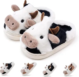 sharllen Toddler Cartoon Cow Cotton Slippers,Girls Boys Cute Indoor Outdoor Plush Animal Cow Shoes Cozy Soft Warm Fluffy Slip-on Home Cow Slipper for Little Kids