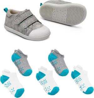 Ten Little First Walker Kids Shoes & Ankle Socks Bundle for Baby & Toddler Boys & Girls, Heather Gray Shoe Size 5.5, Ankle Socks with Non-Skid Grips 5 Pk