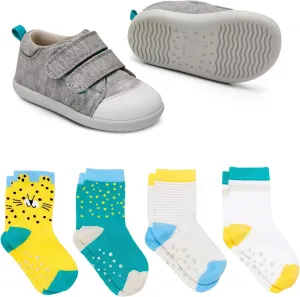 Ten Little First Walker Kids Shoes & Crew Socks Bundle for Baby & Toddler Boys & Girls, Heather Gray Shoe Size 3, Crew Socks with Non-Skid Grips 4 Pk
