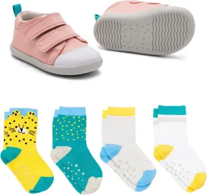 Ten Little First Walker Kids Shoes & Crew Socks Bundle for Baby & Toddler Boys & Girls, Rose Pink Shoe Size 5, Crew Socks with Non-Skid Grips 4 Pk