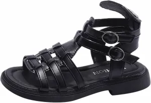 Toddler Baby Girls Sandals Slip On Falts Shoes Cute Weave Hollow Out Non-slip Soft Sole Beach Sandal SHoe Comfort T-025 Black 11.5
