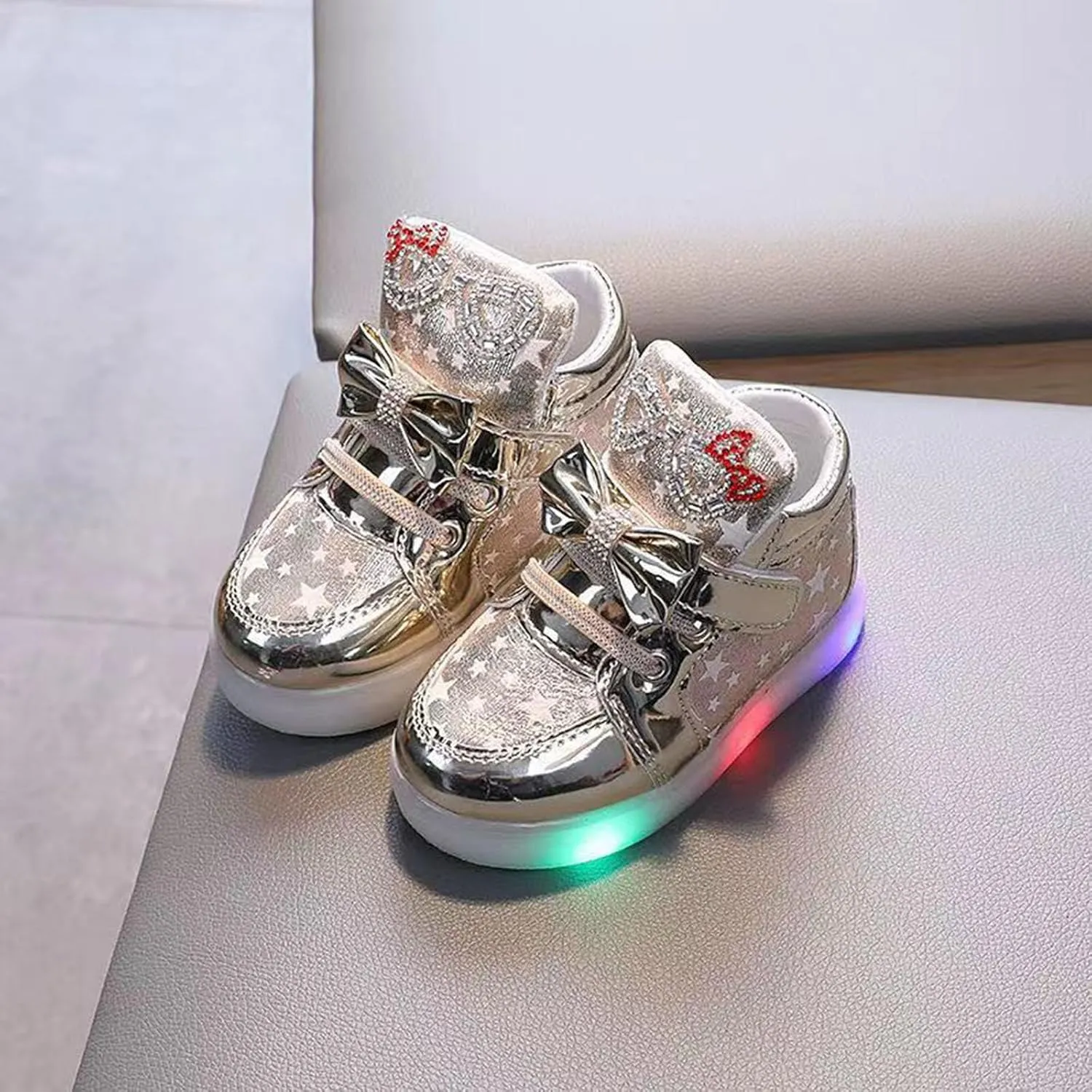Toddler Baby Light Up Shoes Kids Girls Non Slip Glitter High Top Sneakers Fashion Child Flashing Mesh Wide Sport Shoes