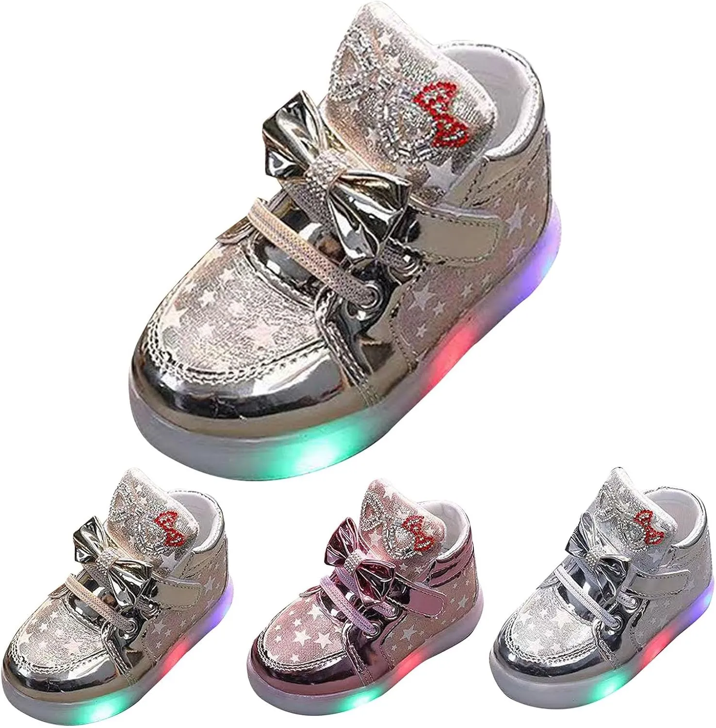 Toddler Baby Light Up Shoes Kids Girls Non Slip Glitter High Top Sneakers Fashion Child Flashing Mesh Wide Sport Shoes
