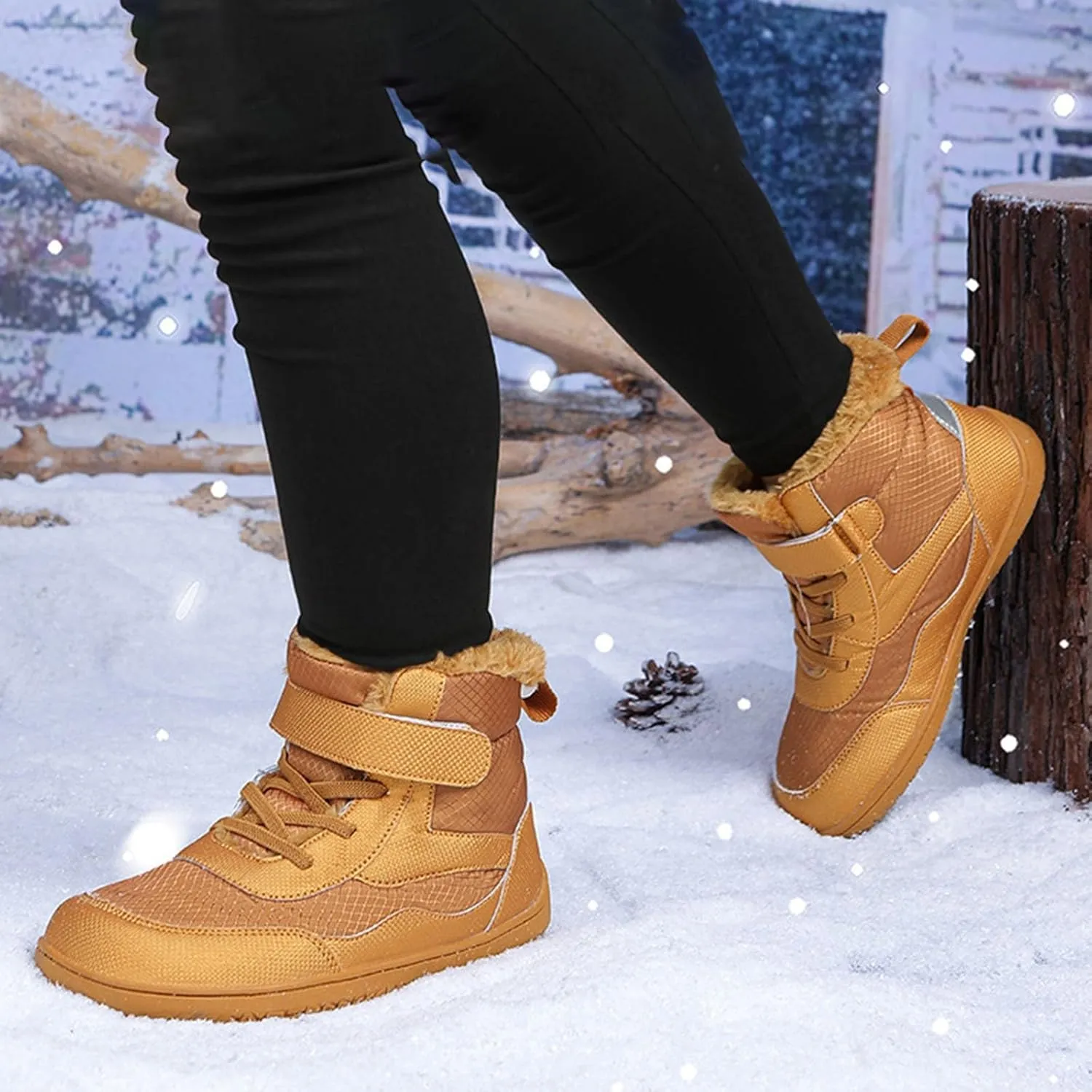Toddler Boys Girls Winter Snow Barefoot Boots with Wide Toe Box Slip Drop Sole Ankle Boots Hiking Fur Lined Winter Boots