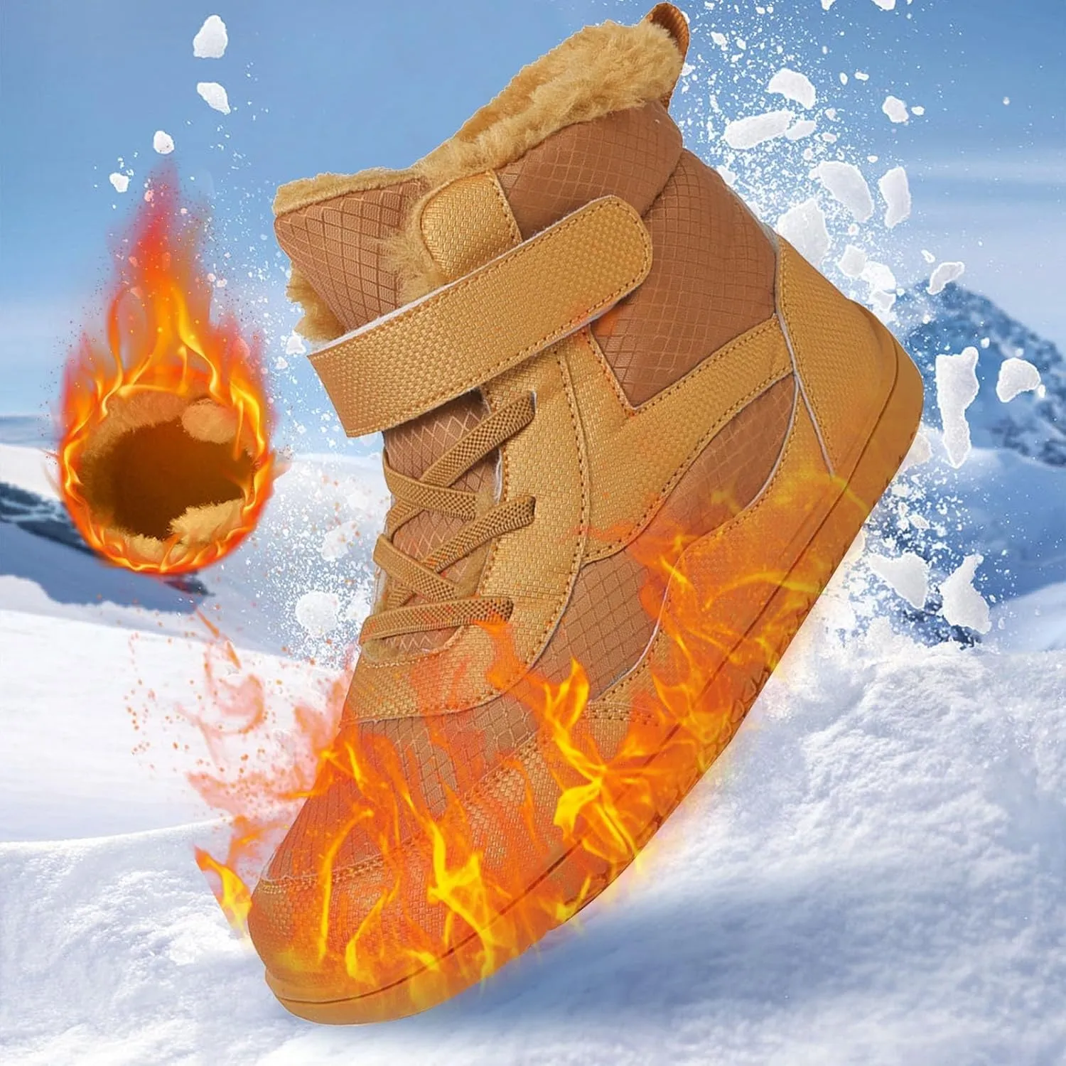 Toddler Boys Girls Winter Snow Barefoot Boots with Wide Toe Box Slip Drop Sole Ankle Boots Hiking Fur Lined Winter Boots